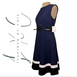 Calvin Klein Navy Blue Black & White Dress with Belt, Fully Lined, NWT